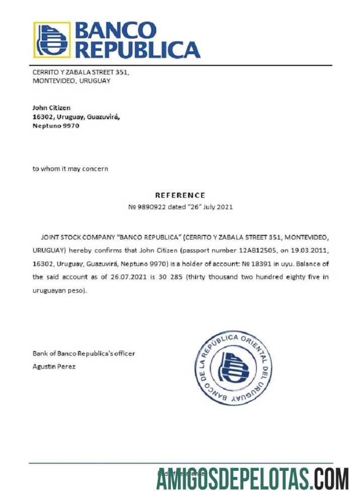 Referência Uruguai Banco República exemplo real